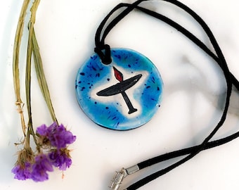 Flaming Chalice Unitarian Ceramic Necklace in Blue Green Crackle