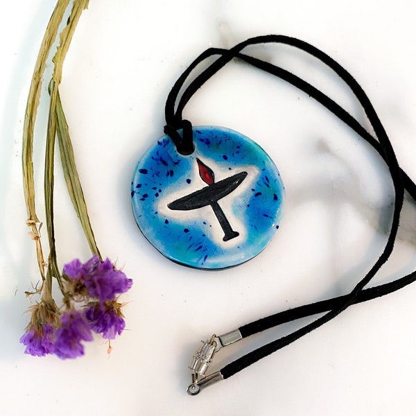 Flaming Chalice Unitarian Ceramic Necklace in Blue Green Crackle