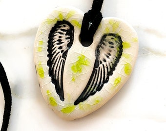 Heart with Wings Ceramic Necklace in Green Crackle