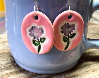 Pink Rose Ceramic Earrings