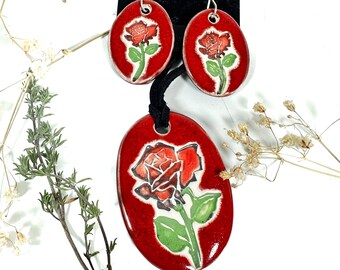 Roses Handmade Ceramic Necklace and Earring Set