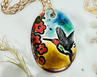 Hummingbird and Flower Handmade Ceramic Necklace with Chain