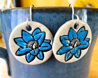 Blue Lotus Flower Ceramic Earrings with Sterling Silver Posts