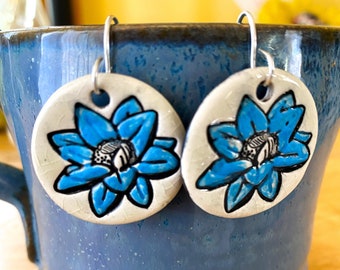 Blue Lotus Flower Ceramic Earrings with Sterling Silver Posts