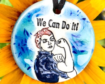 We Can Do It Rosie the Riveter Ceramic Necklace in Blue