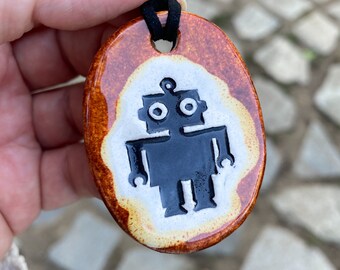Cute Robot Ceramic Necklace in Earth-tones