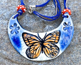 Ceramic Butterfly Necklace with Hemp Cord