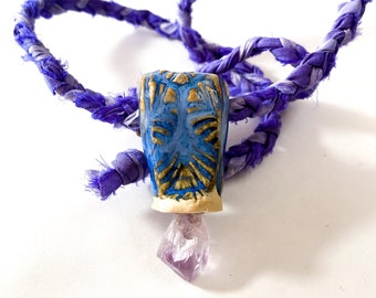 Amethyst Crystal, Stoneware and Recycled Silk Necklace