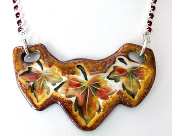 Ceramic Fall Leaves Necklace with Red Rhinestone Chain