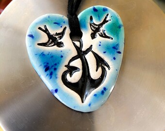 Anchor with Swallows Heart Ceramic Necklace in Blue