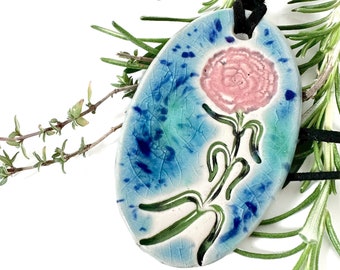 Pink Carnation Ceramic Necklace in Blue