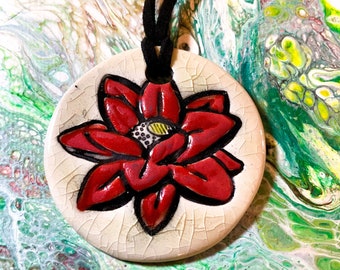 Lotus Flower Ceramic Necklace in Red and Cream Crackle