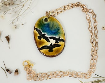 Birds in Flight Handmade Ceramic Necklace with Chain