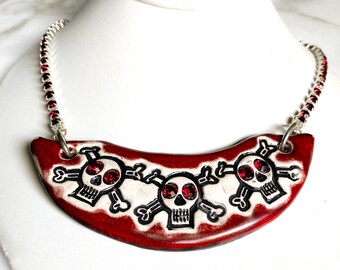 Skull Ceramic Necklace With Red Rhinestone Chain