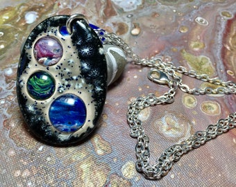 Three Planets, Paint, Ceramic and Glass Necklace with Chain