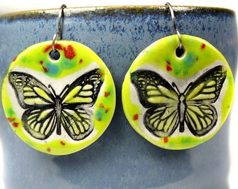 Butterfly Earrings in Green and Red Speckles