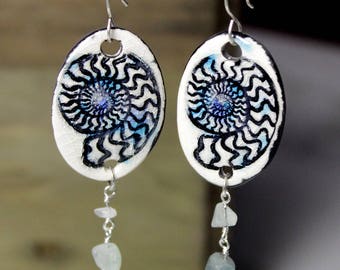 Ammonite Longline Drop Ceramic Earrings with Beach Glass