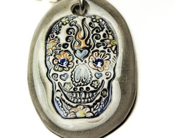Day of the Dead Skull Sparkle Surly Necklace with Swarovski Crystals in Gray