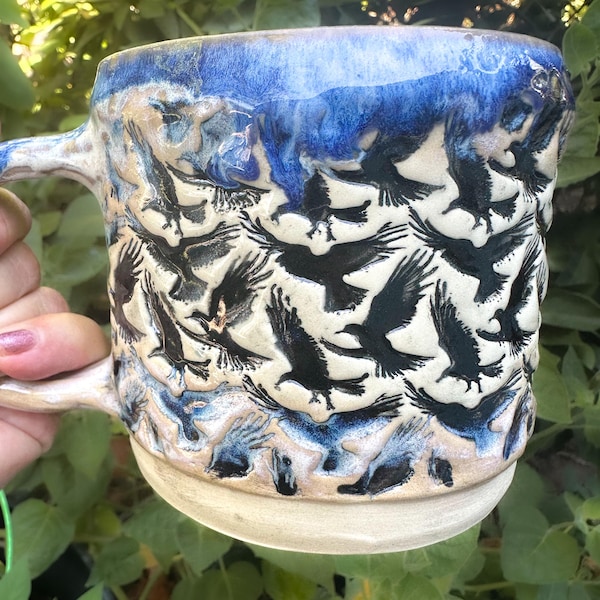 Birds in Flight Hand-built Stoneware Mug 21 oz One of A Kind