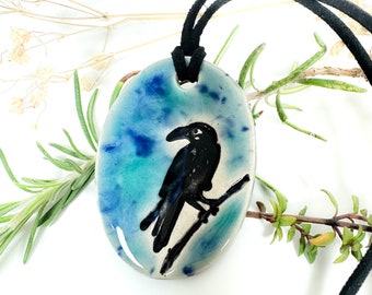 Black Bird Ceramic Necklace in Blue