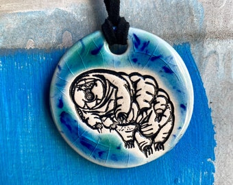 Tardigrade or Water Bear Ceramic Necklace in Blue Green