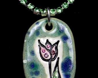 Pink and Green Tulip Sparkle Surly Necklace with Swarovski Crystals and Rhinestone Chain