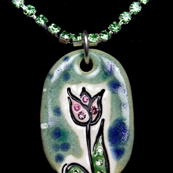 Pink and Green Tulip Sparkle Surly Necklace with Swarovski Crystals and Rhinestone Chain