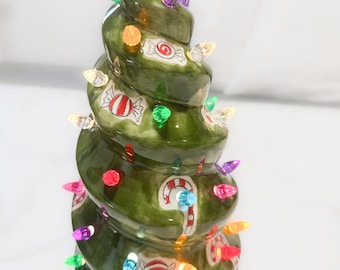 Light Up Ceramic Peppermint Christmas Tree Mid Century Modern Design