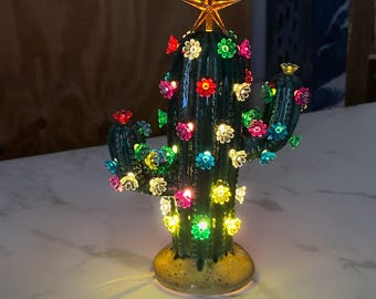 Light Up Ceramic Cactus with Flower Lights