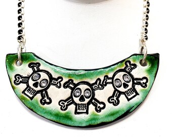 Skull Sparkle Surly Ceramic Necklace With Black Rhinestone Chain