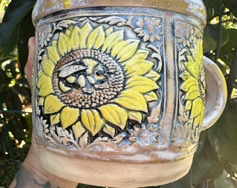 Bee in Sunflower One of A Kind Hand-built Stoneware Mug 22 ounces