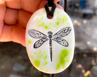 Dragonfly or Damselfly Ceramic Necklace in Green Crackle