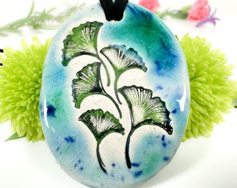 Ginkgo Leaf Ceramic Necklace in Blue
