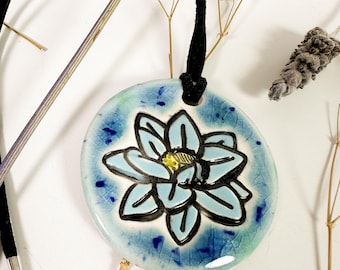 Lotus Flower Ceramic Necklace in Blue