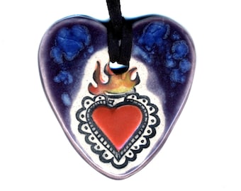 Sacred Heart Ceramic Necklace in Blue and Purple