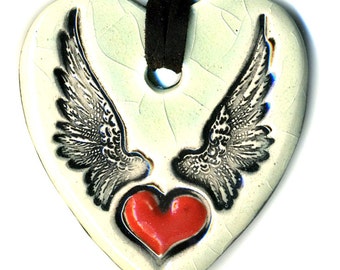 Heart with Wings Ceramic Necklace in Crackle