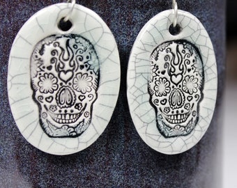 Day of the Dead Skull Ceramic Earrings in Crackle