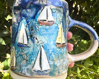 Sailboat One of A Kind Hand-built Stoneware Mug 23 oz