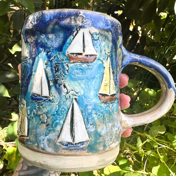 Sailboat One of A Kind Hand-built Stoneware Mug 23 oz