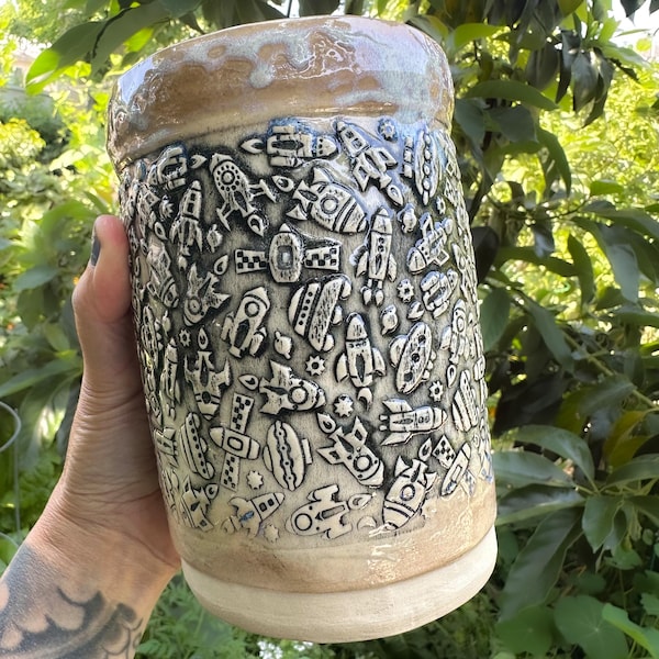 Rocket Ships One of A Kind Hand-built Stoneware Mug 32 ounces