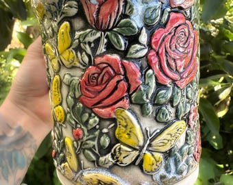 Rose and Butterfly One of A Kind Hand-built Stoneware Mug 22 ounces