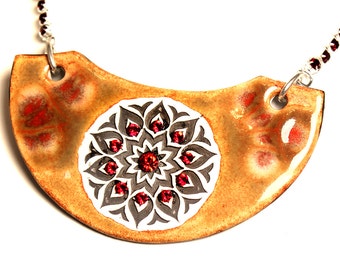 Red and Brown Mandala Sparkle Surly Ceramic Necklace With Rhinestone Chain