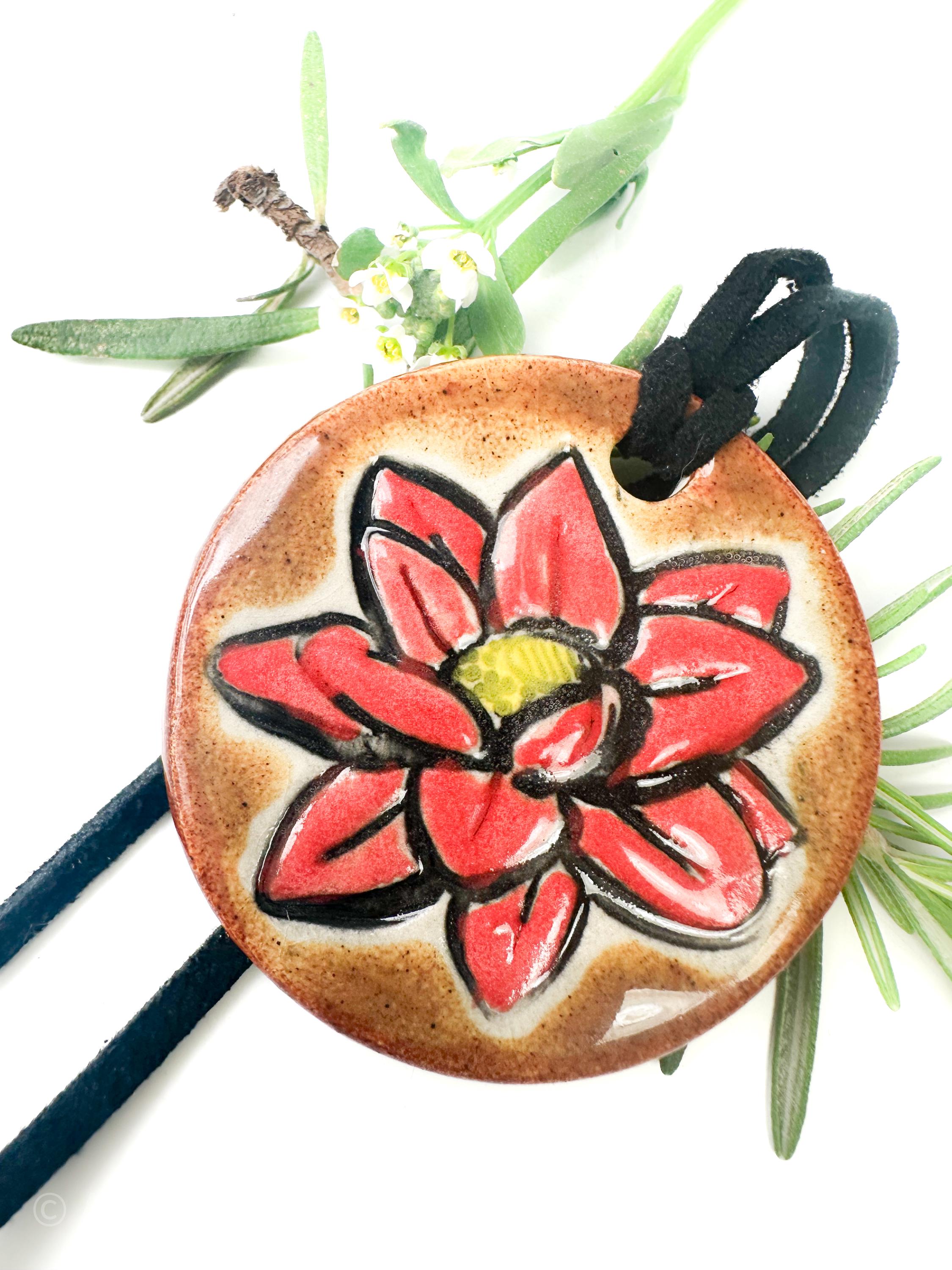 Red Lotus Flower Ceramic Necklace in Brown