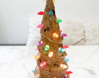 Light Up Ceramic Honey Bee Holiday Tree Hand-built Stoneware Real Gold details OOAK