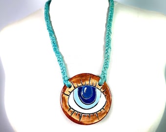 Ceramic Evil Eye Necklace with Upcycled Braided Silk Cord