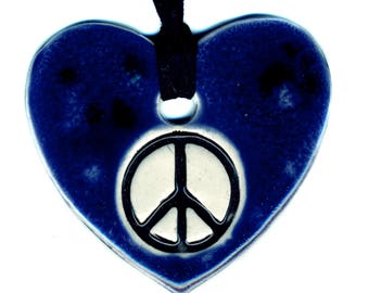 Peace and Love Heart Ceramic Necklace in Blue