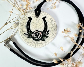 Lucky Horseshoe Ceramic Necklace in Cream Crackle