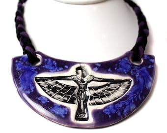 Egyptian Ceramic Necklace in Purple and Blue Adjustable Length