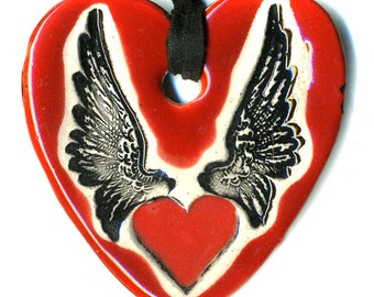 Heart with Wings Ceramic Necklace in Red