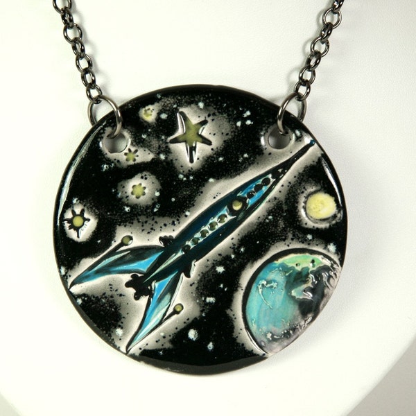 Rocket Ship in Space Ceramic Pendant with Gun Metal Chain